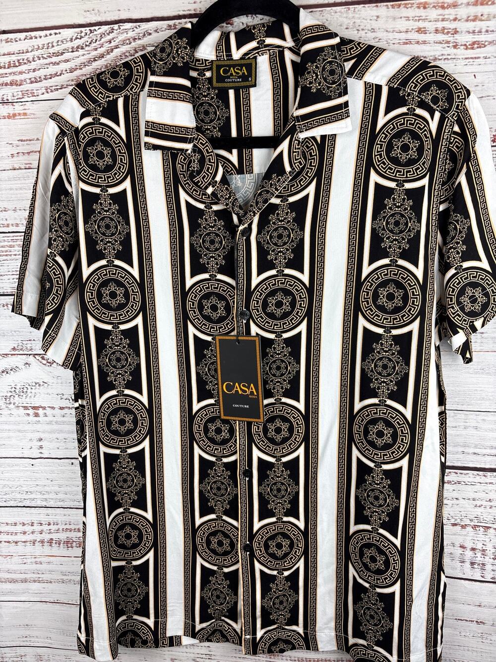Mens NWT Casa Moda Couture Black Gold Medallion Short Sleeve Button Up Shirt SM